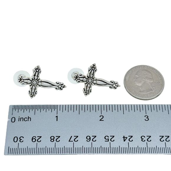 Vintage MJ Silver Tone Cross Design Pierced Earrings - Picture 4 of 5